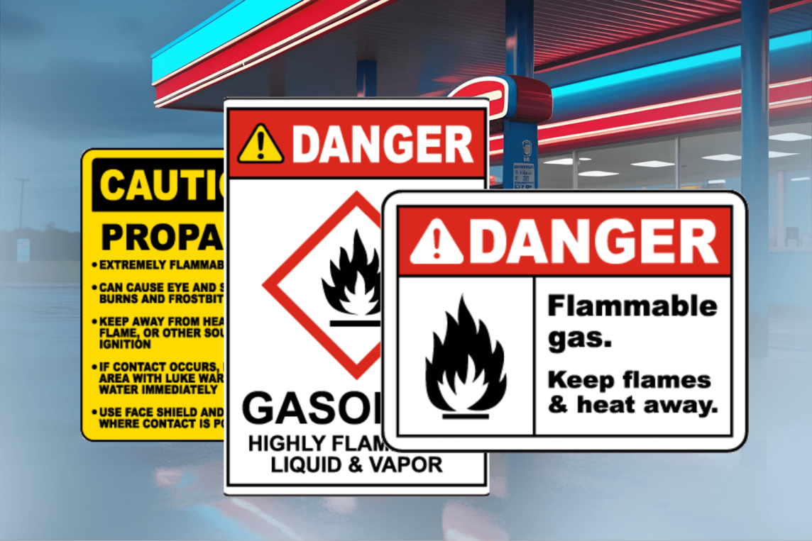 Safety signs at a fuel station reminding staff and customers of rainy day safety precautions