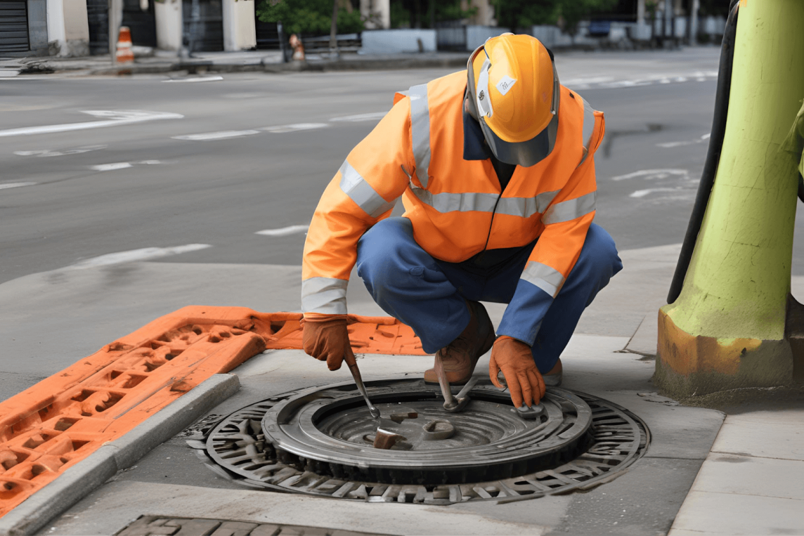 Utility worker carefully replacing a manhole cover during routine maintenance on an urban street.