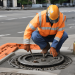 Utility worker carefully replacing a manhole cover during routine maintenance on an urban street.